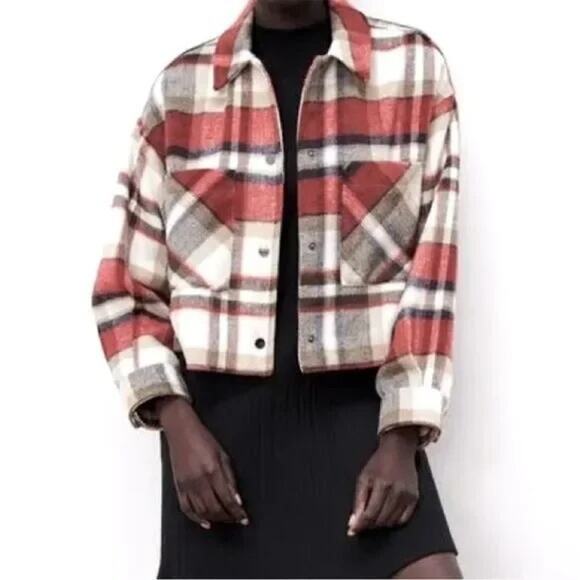 ZARA Cropped Oversized Plaid Shacket Jacket Button Down Pockets XS Red White - Picture 11 of 15